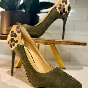 Elegant Olive Green Stiletto Heels with Leopard Print - Sz UK 38/US 7